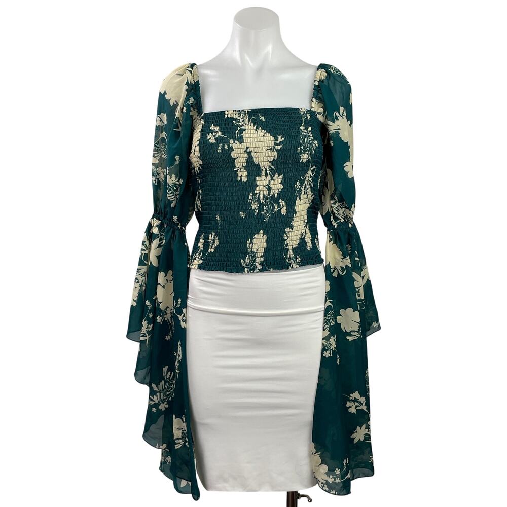 Live 4 Truth Green Floral Smocked Shirred Long Bell Sleeve Boho Crop Top Size S